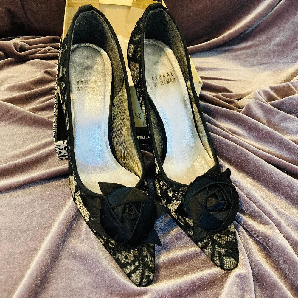 Stuart Weitzman Black Lace Heels w/Satin Bow